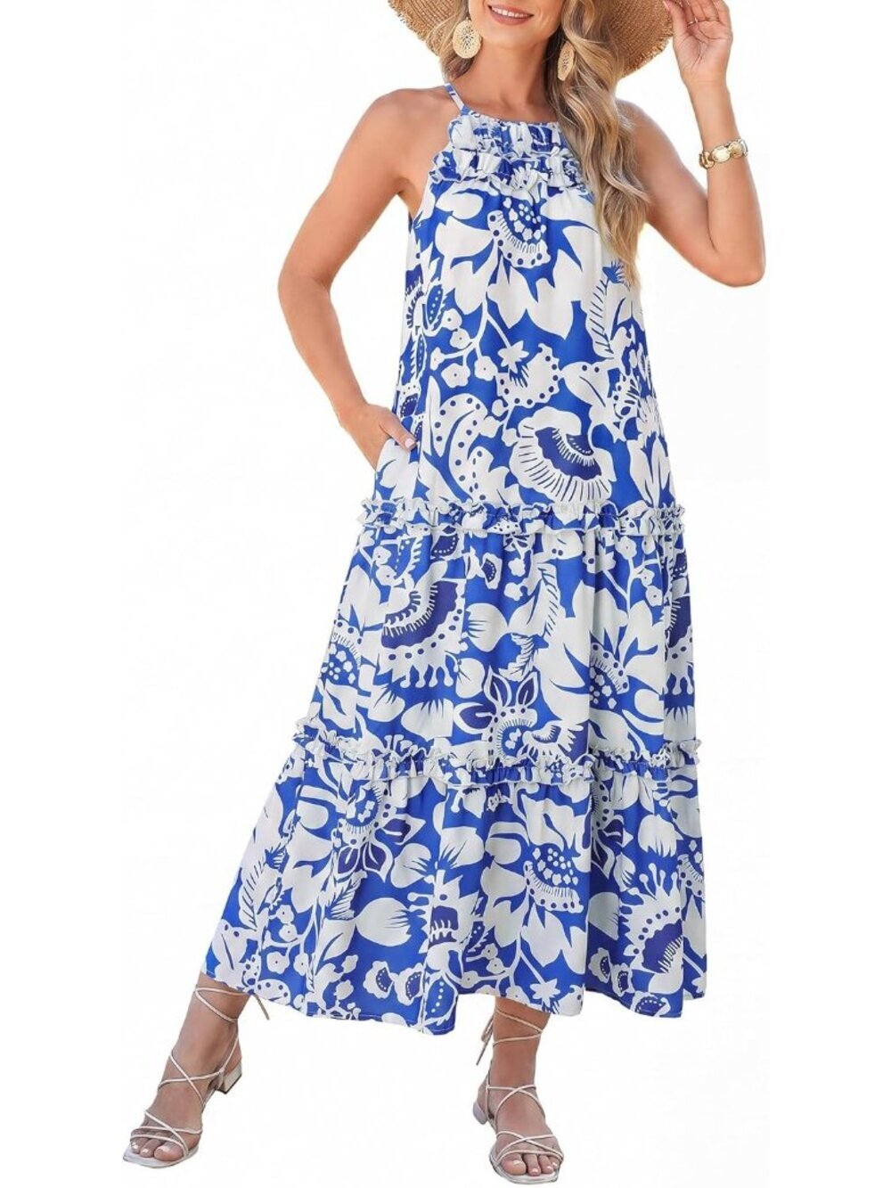 Women's Blue Flower Sleeveless Halter Neck Boho Pull On Imported Maxi Dress